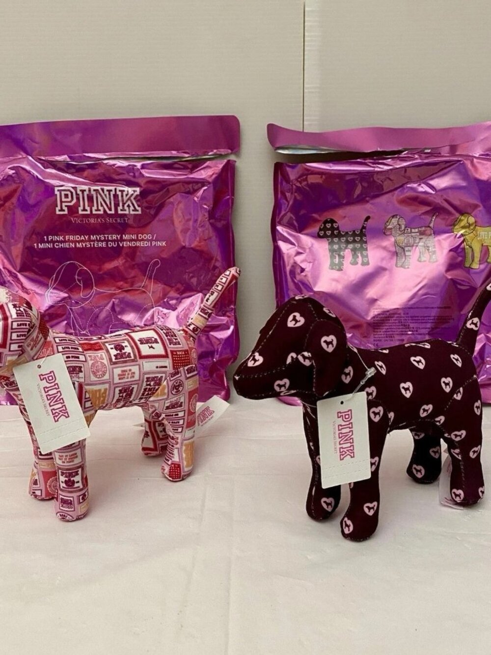 2 Victoria's Secret PINK FRIDAY Patchwork & Burgundy Heart Logo Mini Dogs 2026